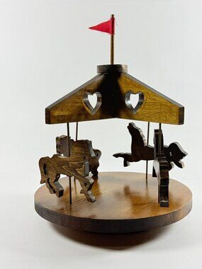 Vintage Wooden Carousel Horse Rotating Merry Go Round Heart Cutout Top Decor